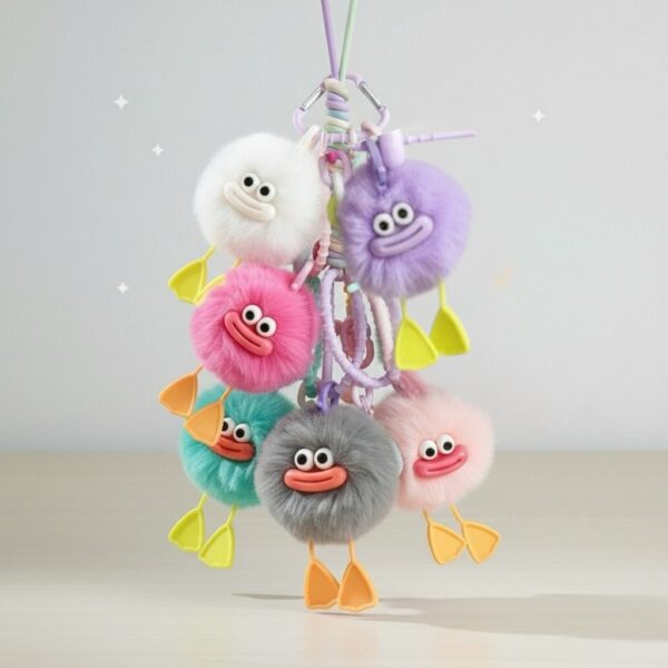 Colorful plush keychain with cartoonish faces on a light gray background
