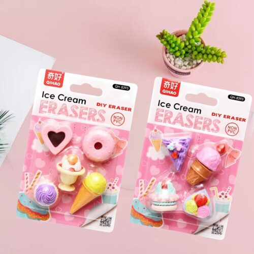 Two packages of ice cream-themed erasers on a pink background with a small plant.