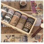Vintage Washi Tape Set – 18 RollsDecorative Washi TapeCRAFTY CUDDLESet of patterned tape rolls in a wooden box on a vintage - style background with a watch.6D Return Box