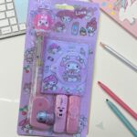 Kawaii stationery set with pink packaging on a desk