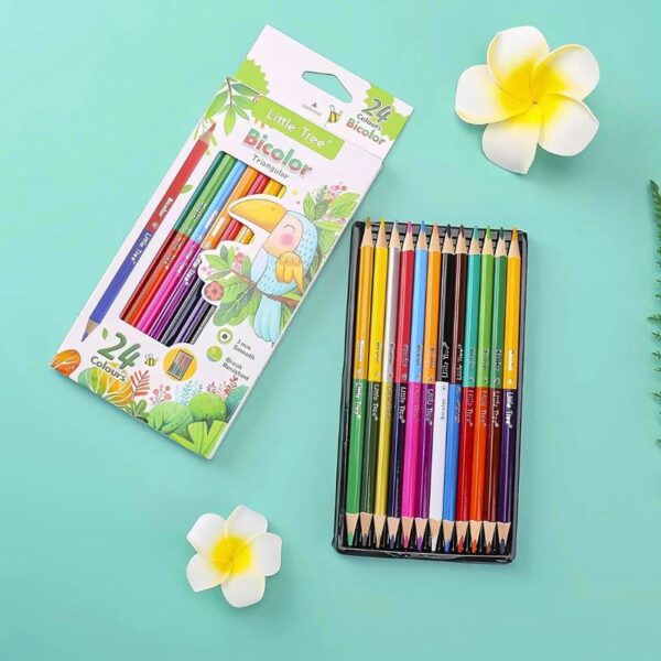 Set of colored pencils with packaging on a light blue background