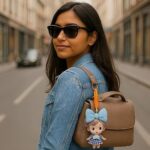 Cute Mini Doll Keychain for GirlsKeychainsCRAFTY CUDDLEWoman wearing sunglasses and a denim jacket with a brown handbag featuring a blue doll charm on a city street.Pink Dress DollDollKeychain CuteAccessories GirlsAccessories BagCharm ReturnGiftIdeas KidsFashion KawaiiStyle PrincessTheme BirthdayReturnGift MiniDoll