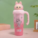 Kids Cartoon Stainless Steel Insulated Sipper BottleTumblersCRAFTY CUDDLEPink cartoon water bottle with bunny design on a green backgroundPink BunnyKidsWaterBottle CartoonBottle StainlessSteelBottle 1000mlBottle SchoolWaterBottle SipperBottle LeakproofBottle KidsEssentials BackToSchool ReusableBottle