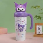 Kids Cartoon Stainless Steel Insulated Sipper BottleTumblersCRAFTY CUDDLEPurple cartoon character water bottle with white base on a pink surface against a green backgroundPurple KuromiKidsWaterBottle CartoonBottle StainlessSteelBottle 1000mlBottle SchoolWaterBottle SipperBottle LeakproofBottle KidsEssentials BackToSchool ReusableBottle
