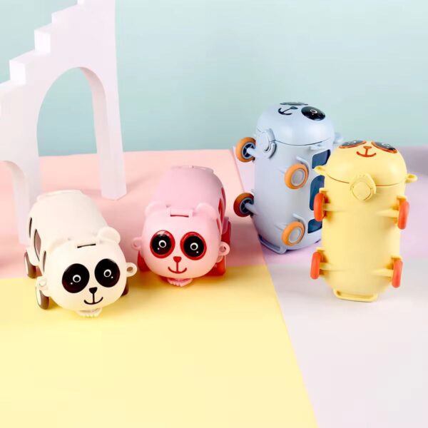 Four colorful animal-themed water bottles on a pastel background