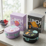 Two lunch boxes, one purple and one black with cartoon designs, on a surface with a 'Lunch' box in the background.