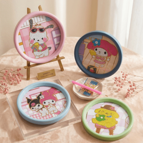 Four round DIY kits with cartoon characters on a light pink surface.