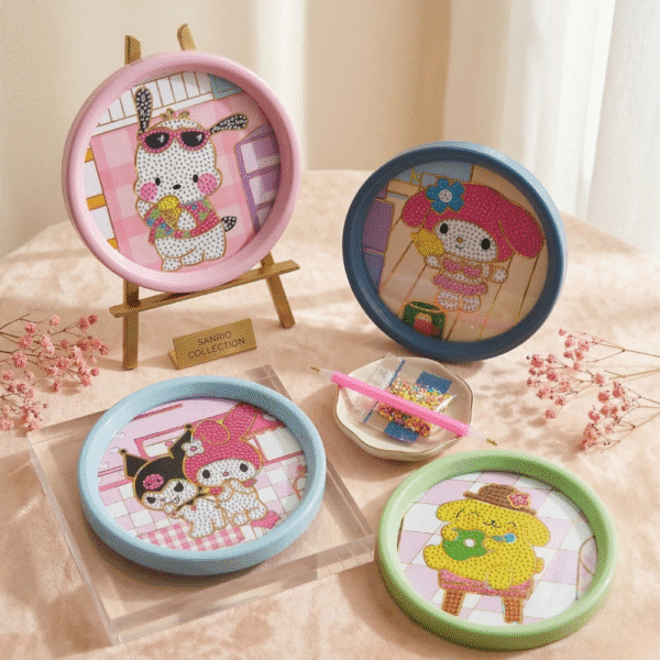 Four round DIY kits with cartoon characters on a light pink surface.