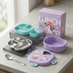 Kids Cartoon Stainless Steel Bento Lunch BoxStainless Steel Lunch BoxCrafty CuddleChildren's lunch set with containers, plate, and spoon on a countertop.Purplekidslunchbox bentolunchbox schoollunch kidslunch lunchboxforkids cartoonlunchbox unicornlunchbox dinosaurlunchbox schoolessentials kidsproducts