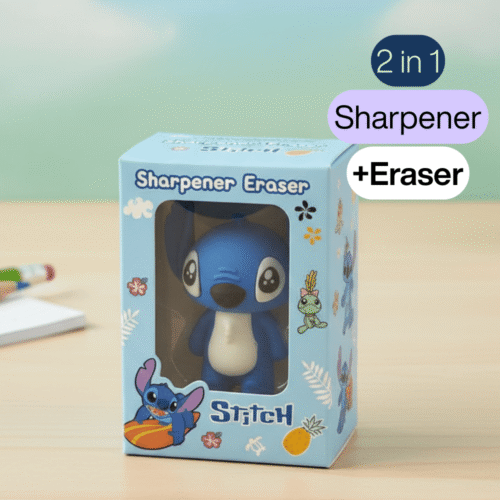 Box of a 2-in-1 Sharpener and Eraser with Stitch design on a light background