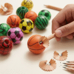 Sporty 3D Ball SharpenerCrafty CuddleColorful pencil sharpeners shaped like sports balls with a hand using one.1