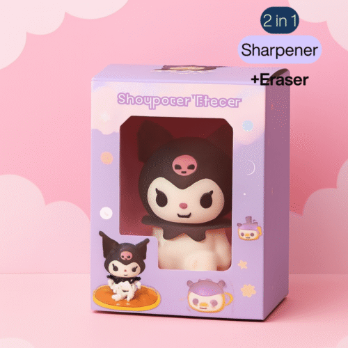 2 in 1 sharpener and eraser packaging with a cartoon character on a pink background