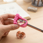 Tiny Toes SharpenerCrafty CuddlePink pencil sharpener with a pencil being sharpened on a wooden surface.1