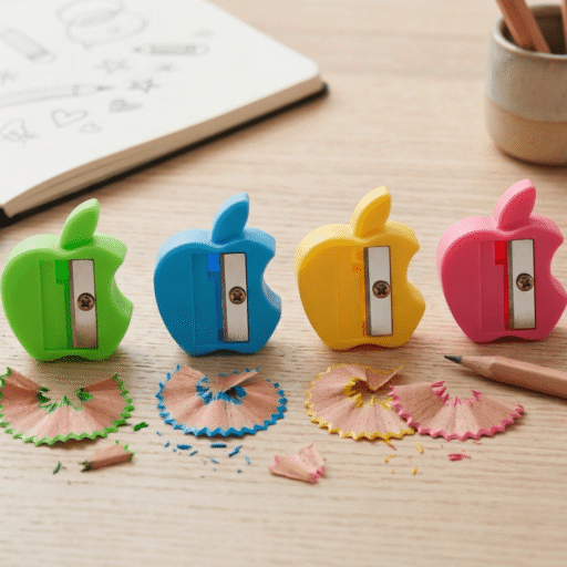 Four colorful apple-shaped pencil sharpeners on a wooden surface with pencil shavings.