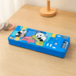 Smart Pencil Box with CalculatorPencil BoxCrafty CuddleColorful pencil case with panda design on a wooden surfaceBluepencilbox kidsstationery multifunctionpencilbox cartoonpencilcase schoolstationery kidsstudyessentials stationeryforkids cutestationery backtoschool studentstationery