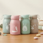 Four colorful thermos bottles with rabbit designs on a wooden surface.