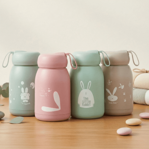Four colorful thermos bottles with rabbit designs on a wooden surface.