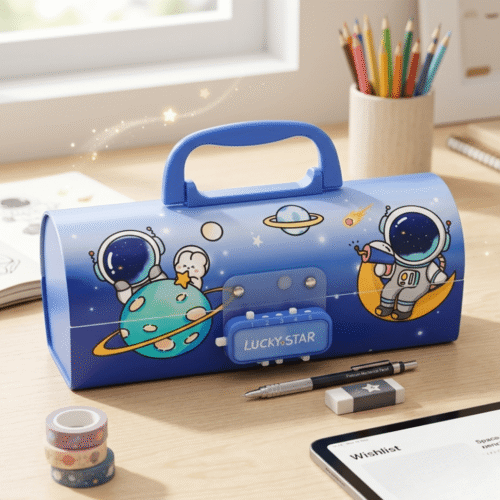 Blue pencil case with cartoon astronauts on a desk with stationery items