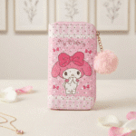 Cartoon Zipper Wallet with Pom PomPencil PouchCrafty CuddlePink wallet with cartoon character and 'My Melody' text on a light backgroundMy Melodycutewallet kawaiiwallet girlswallet cartoonwallet cuteaccessories kawaiistyle girlsfashionaccessories trendingwallet giftforgirls cutekawaii