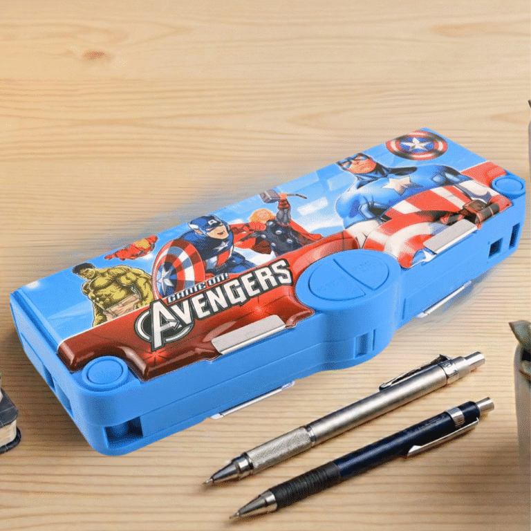 Avengers-themed pencil case with two pens on a wooden surface