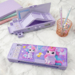 Unicorn Passcode Pencil BoxUnicorn Pencil BoxCrafty CuddlePurple pencil case with unicorn designs on a white surfaceBackToSchoolCartoonStationery