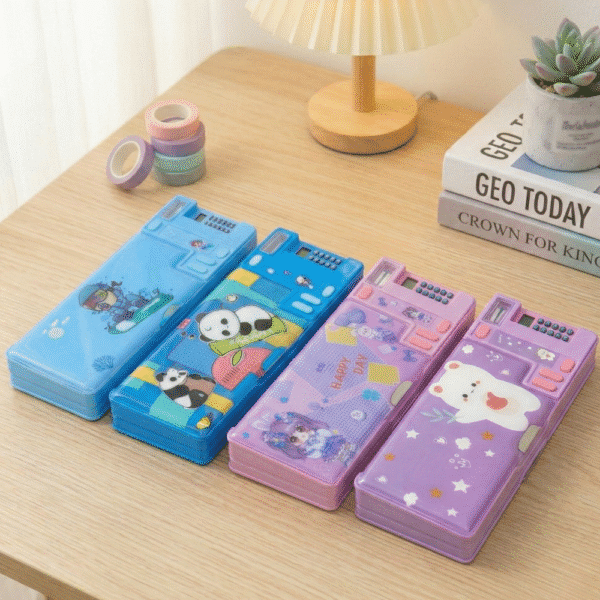 Four colorful pencil cases with cartoon designs on a wooden table.