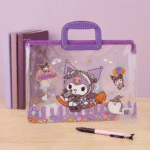 Transparent Kids Document BagKids BagsCrafty CuddleClear pouch with cartoon character design on a wooden surfaceKuromiKidsFileBag CartoonStationery KidsOrganizer SchoolSupplies CuteStationery KidsDocumentBag StationeryLovers KidsSchoolEssentials A4FileBag TransparentBag