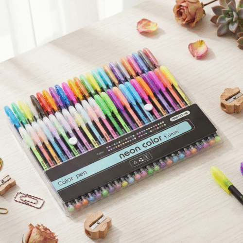 Set of neon color pens in a clear case on a light surface with flowers and a pencil sharpener.