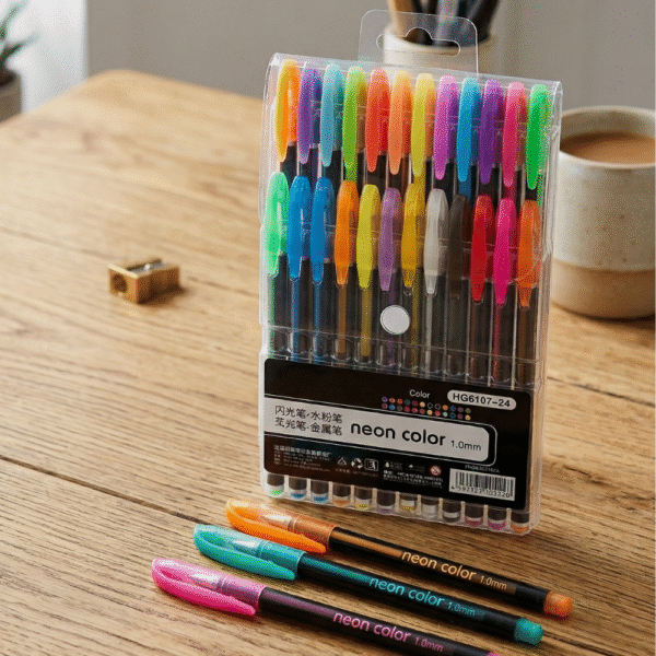 Pack of neon color markers on a wooden table with a cup and sharpener in the background.