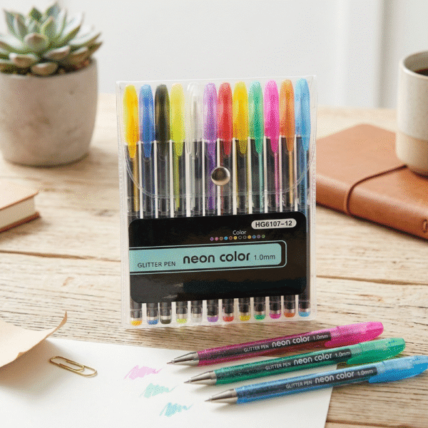Pack of neon color glitter pens on a desk with a plant and notebook in the background
