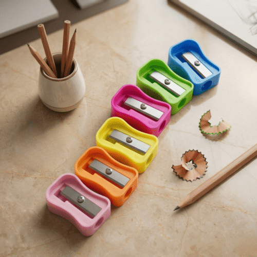 Colorful pencil sharpeners on a desk with pencils and pencil shavings.