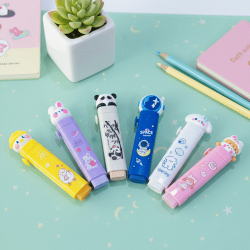 Set of colorful stationery items with cartoon designs on a light green surface.