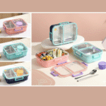 Collage of lunch boxes in various colors with compartments and accessories on a table.