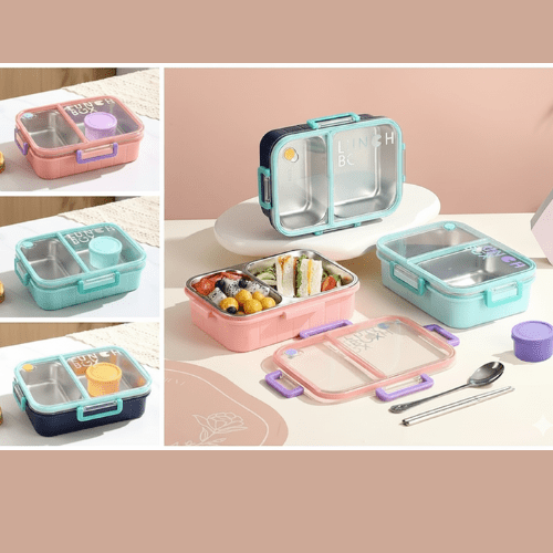 Collage of lunch boxes in various colors with compartments and accessories on a table.