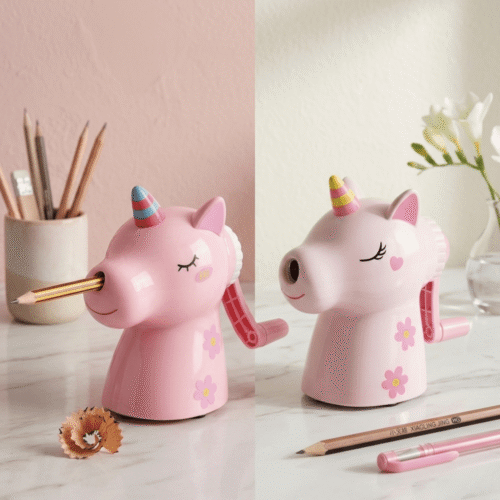 Two pink unicorn-shaped pencil sharpeners on a desk with stationery items.
