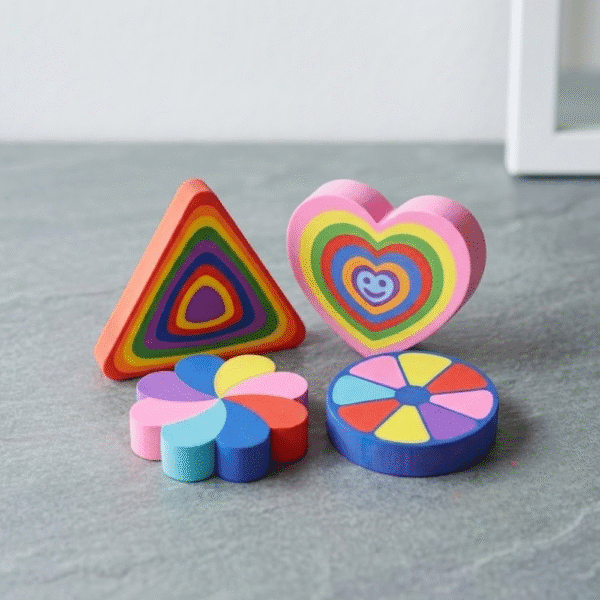 Colorful Erasers on a gray surface