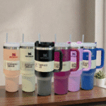 Set of Stanley tumblers in various colors on a wooden surface with a neutral background.