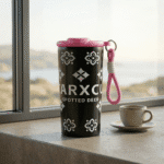 Leakproof Printed Water FlaskCartoon Kids Water BottleCrafty CuddleBlack thermos with white patterns and pink lid on a windowsill with a view of a lake.BlackInsulatedBottle SteelWaterBottle SipperBottle LeakproofBottle TravelBottle HotColdBottle ReusableBottle DailyHydration OfficeEssentials EcoFriendlyBottle