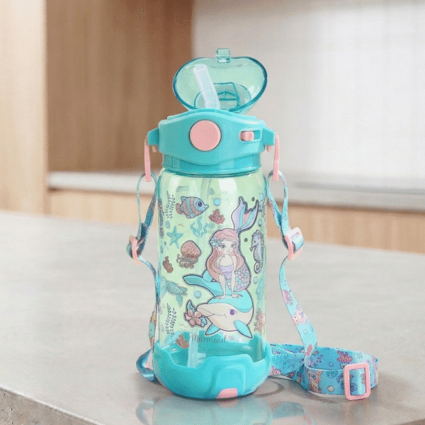 Children's water bottle with mermaid and sea-themed design on a light surface.