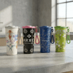 Four colorful tumblers with unique designs on a concrete surface.