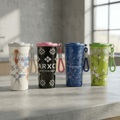 Four colorful tumblers with unique designs on a concrete surface.