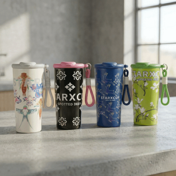 Four colorful tumblers with unique designs on a concrete surface.