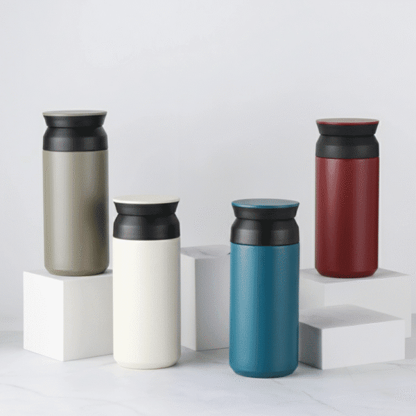Four insulated travel mugs in different colors on a white background