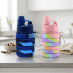Collapsible water bottles in blue and multicolored on a kitchen counter.