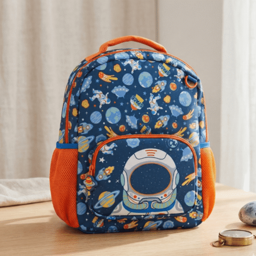 Children's backpack with space-themed design on a wooden surface