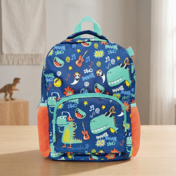 Children's backpack with dinosaur pattern on a wooden surface