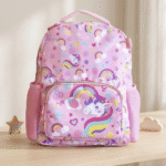 Pink backpack with unicorn and rainbow patterns on a wooden surface.