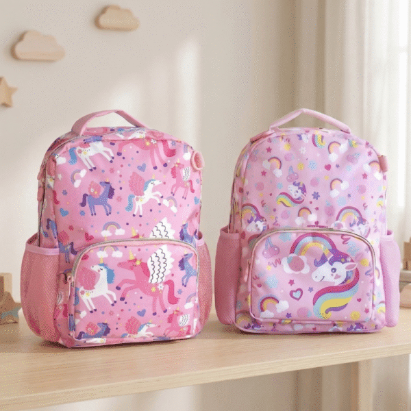 Two pink backpacks with unicorn and rainbow patterns on a wooden surface.