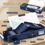 Kids Cartoon Password Lock Pencil CasePencil BoxCrafty CuddleMultifunctional pencil box with various compartments on a wooden surfaceBlueBackToSchoolCartoonStationery