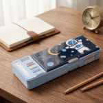 Kids Dual Sided Magnetic Pencil BoxPencil BoxCrafty CuddlePencil case with astronaut design on a wooden desk with notebook and clock in the backgroundBluePencilBox KidsStationery MagneticPencilCase DualSidedPencilBox UnicornStationery SpaceTheme SchoolEssentials StationeryLovers KidsSchoolSupplies CuteStationery